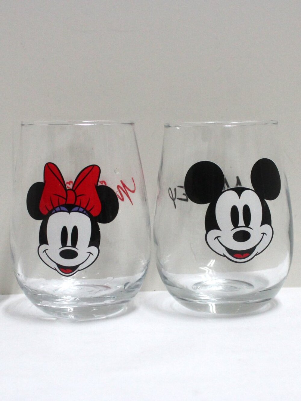 Two Mickey & Minnie Mouse Clear Glasses With Graphic Images & Names For Drinking